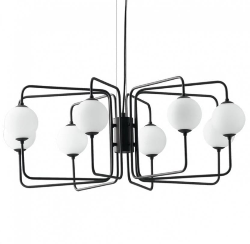 Sospensione 8 luci in metallo nero sfere vetro opale 8XG9 non incl. NEUTRON Sospensione 8 luci in metallo nero sfere vetro opale 8XG9 non incl. NEUTRON